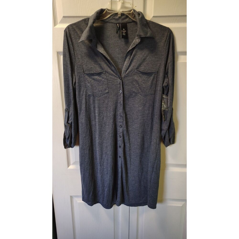 NWT Kristin Nicole XL Gray Button Down Shirt Dress Roll Tab Sleeve Heather
